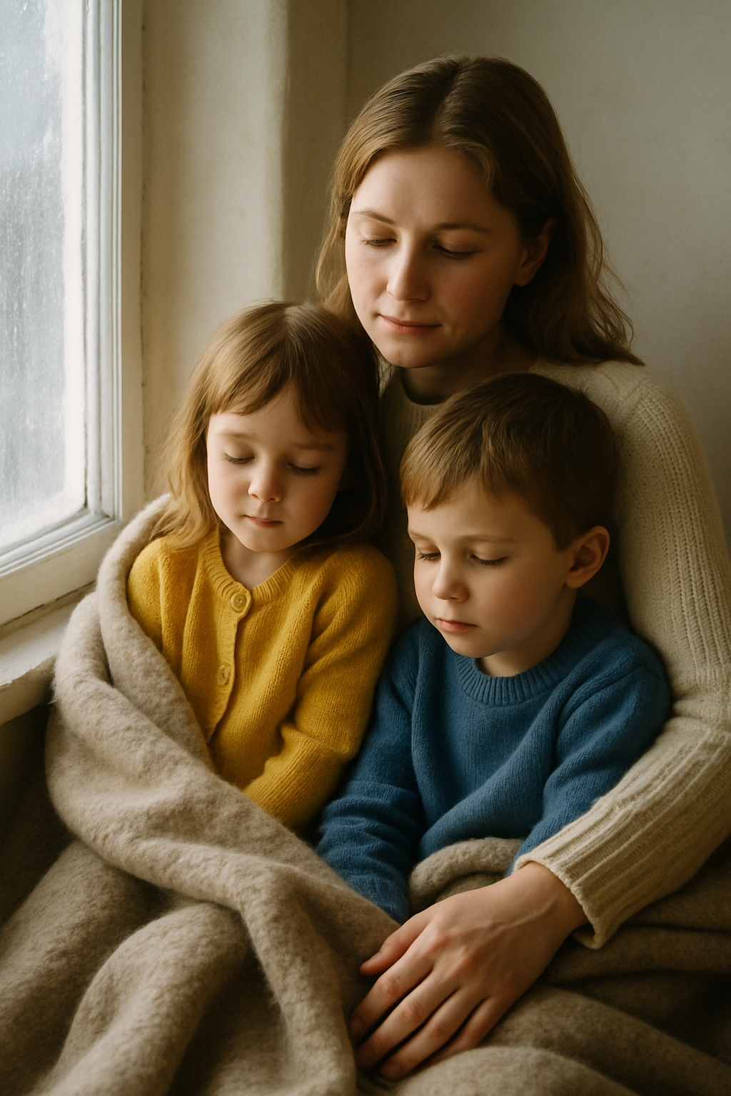 Ukrainian mother with two young children wrapped in warm blankets sitting by a window in a modest home, soft natural light