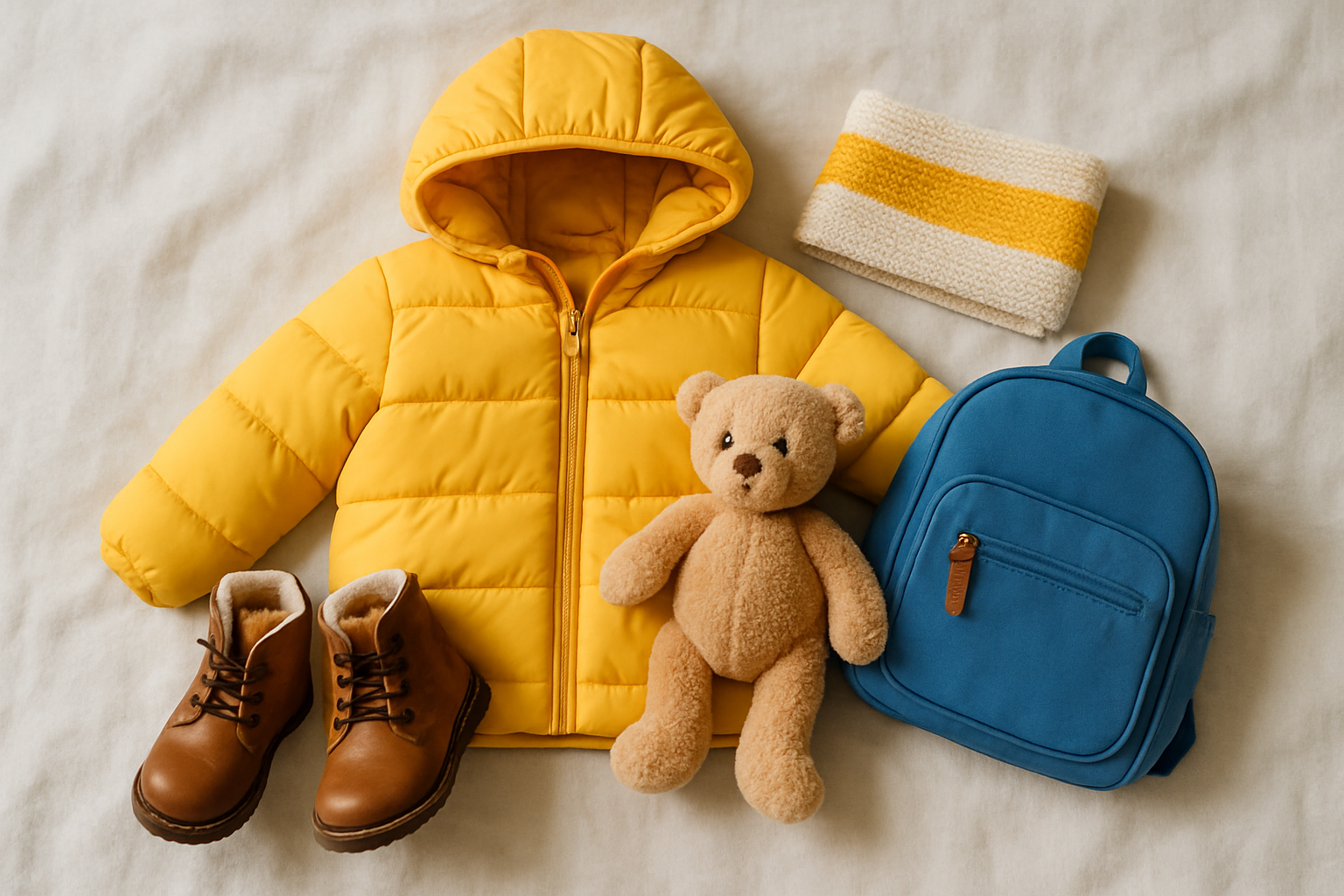 Child's bright yellow winter coat, small brown leather snow boots, a plush teddy bear, and a blue backpack arranged warmly on soft beige fabric