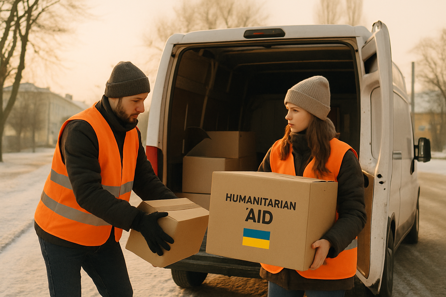Volunteers in orange high-visibility vests loading cardboard relief boxes into a white delivery van on a snow-dusted Ukrainian street with soft morning light
