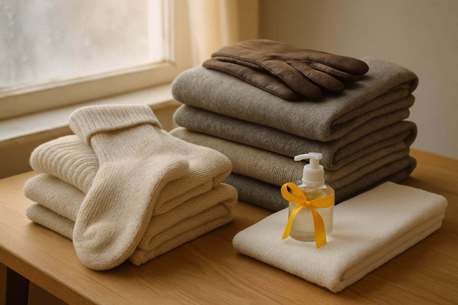 Stack of folded grey insulated wool blankets, knitted thermal sweaters, woolen socks, and leather gloves arranged on a rustic wooden table near a frosted window