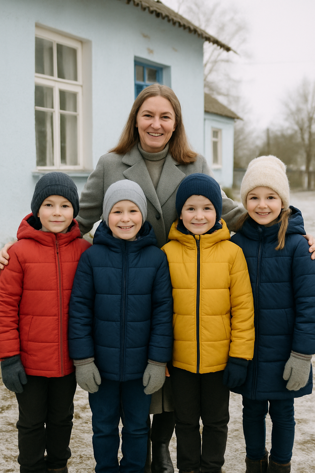 Ukrainian schoolchildren in colorful winter jackets and hats standing with a teacher outside a small village school, fresh snow on the ground, hopeful expressions