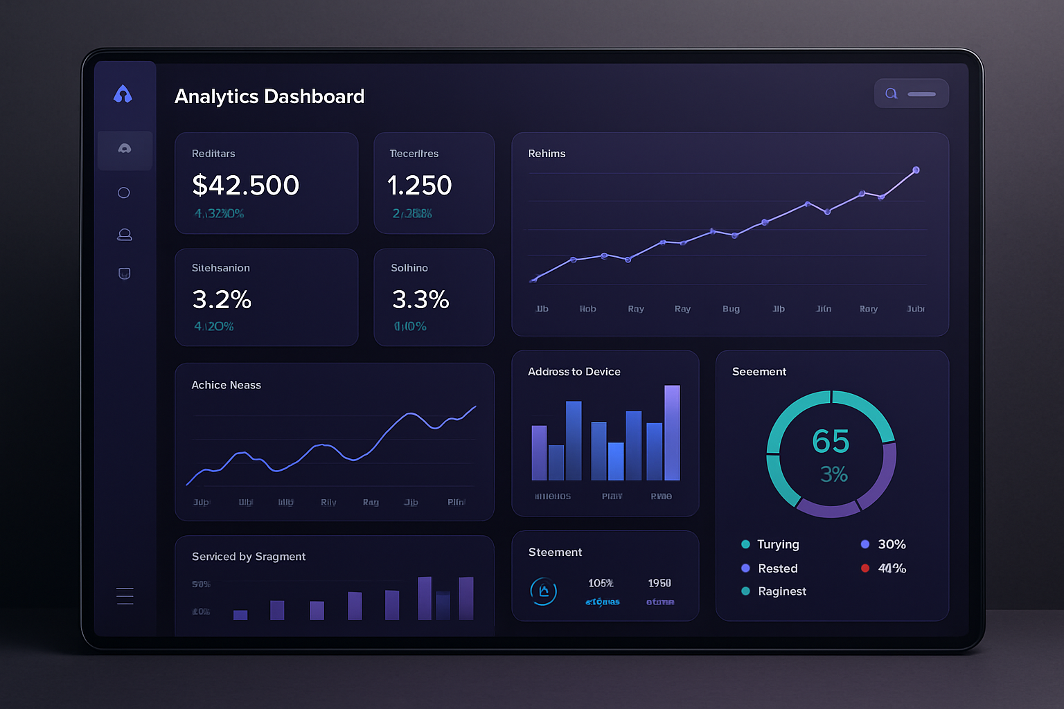 Futuristic enterprise analytics dashboard with purple data visualizations and KPI cards