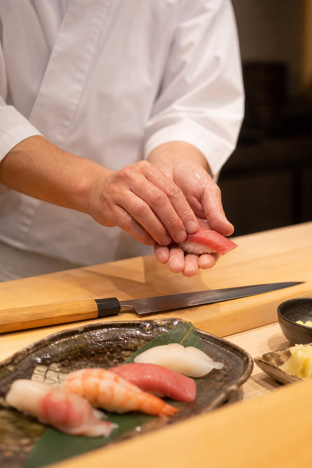 Vertical close-up of a sushi chef’s hands shaping nigiri with careful precision on a wooden counter