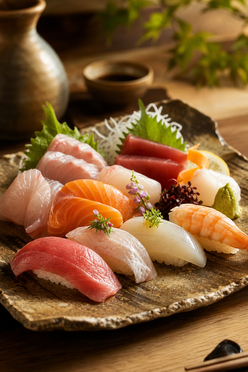 Elegant close-up sushi presentation with seasonal nigiri on handcrafted ceramic
