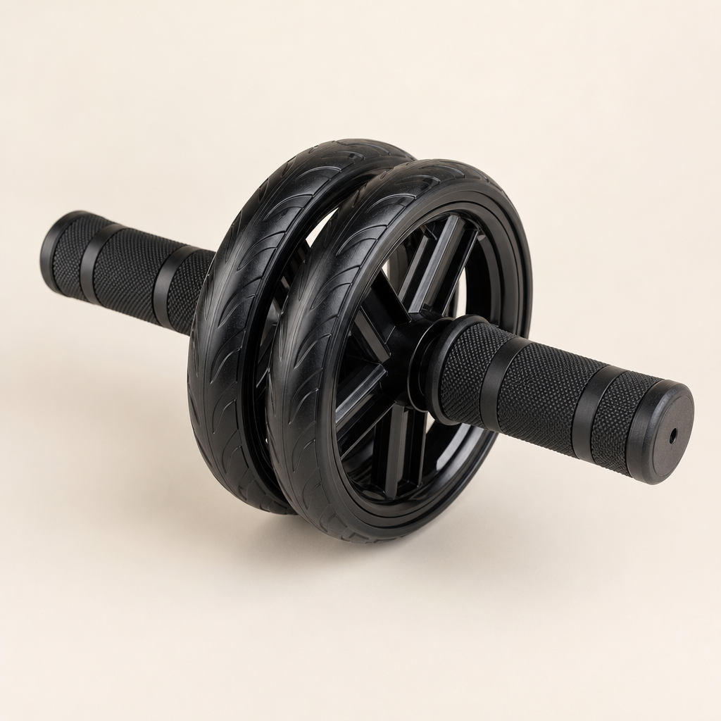 Dual-wheel ab roller with black wheels and textured handles