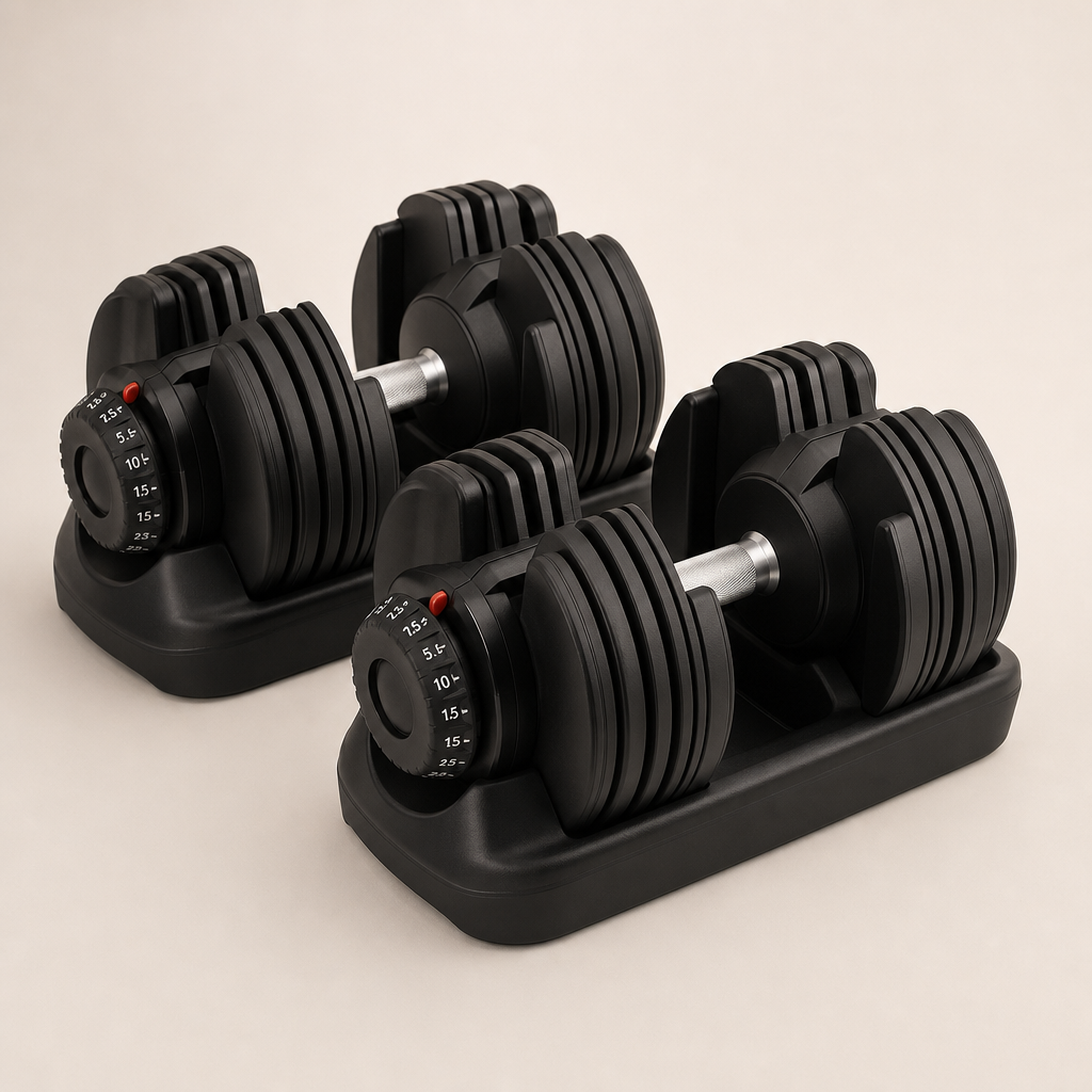 Pair of adjustable dumbbells with selector dial