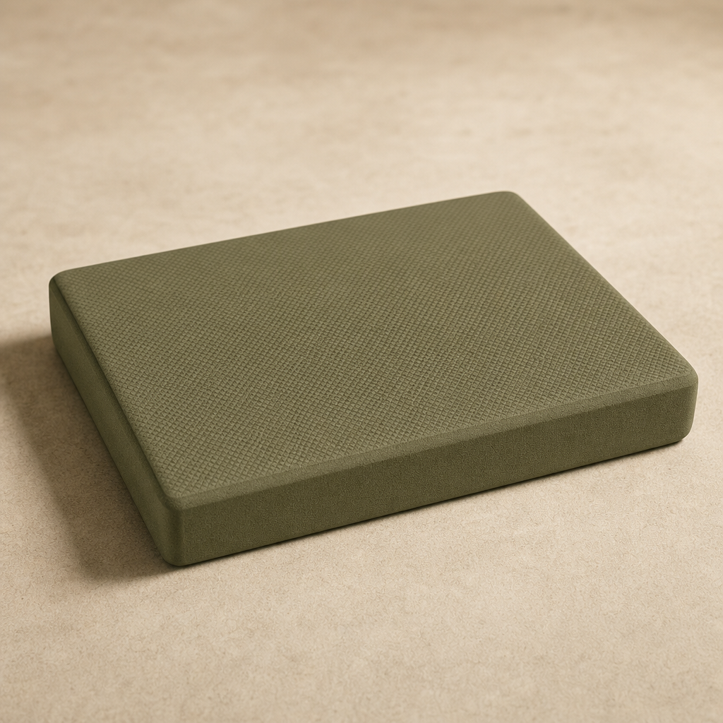 Rectangular balance pad in muted olive foam with soft edges