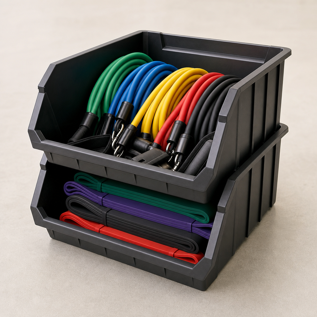Stackable storage bin filled with resistance bands