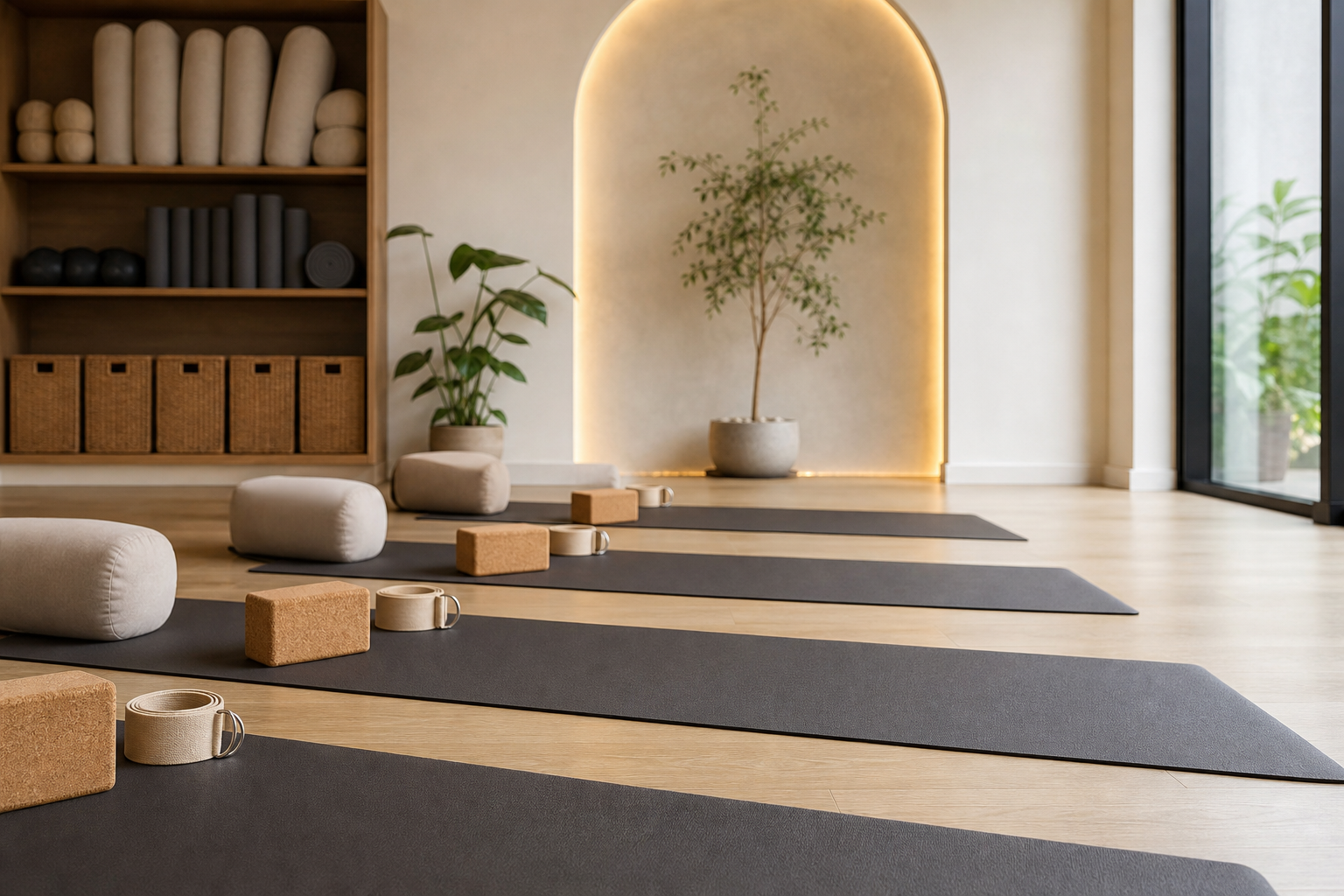 Boutique yoga studio with warm lighting, aligned yoga mats, cork blocks, straps, and a calm neutral palette
