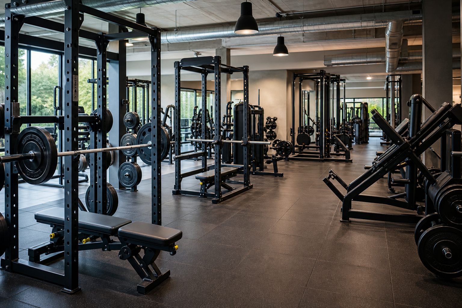 Commercial gym floor with strength machines, power racks, barbells, and a clean industrial training layout