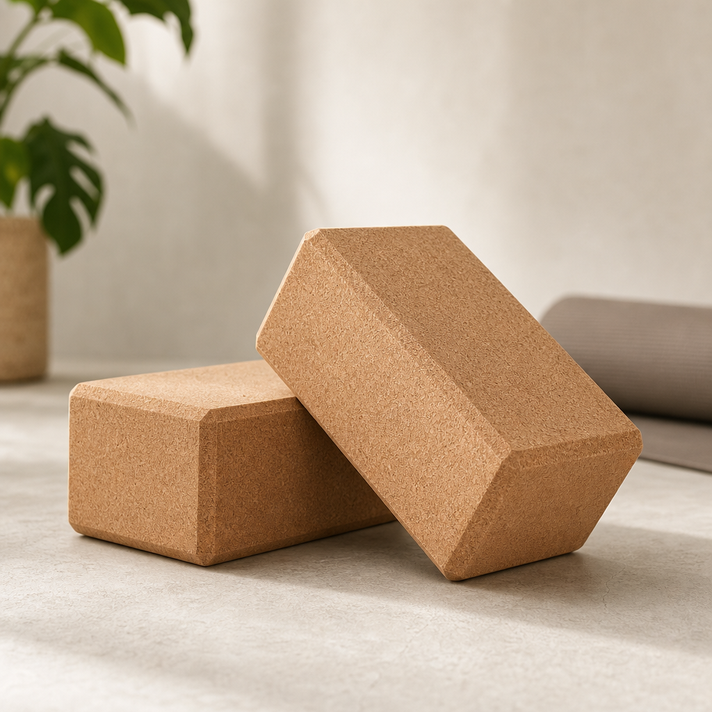 Pair of natural cork yoga blocks with beveled edges on a light studio floor