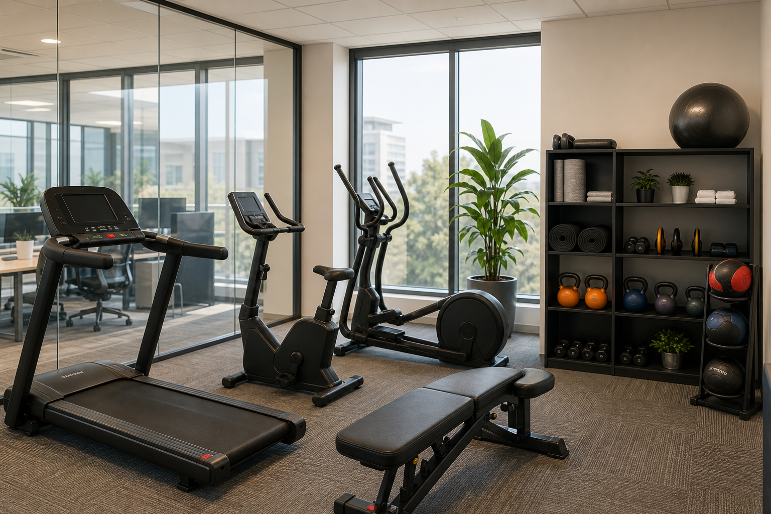 Corporate office fitness room with compact cardio equipment, kettlebells, and tidy storage on neutral flooring