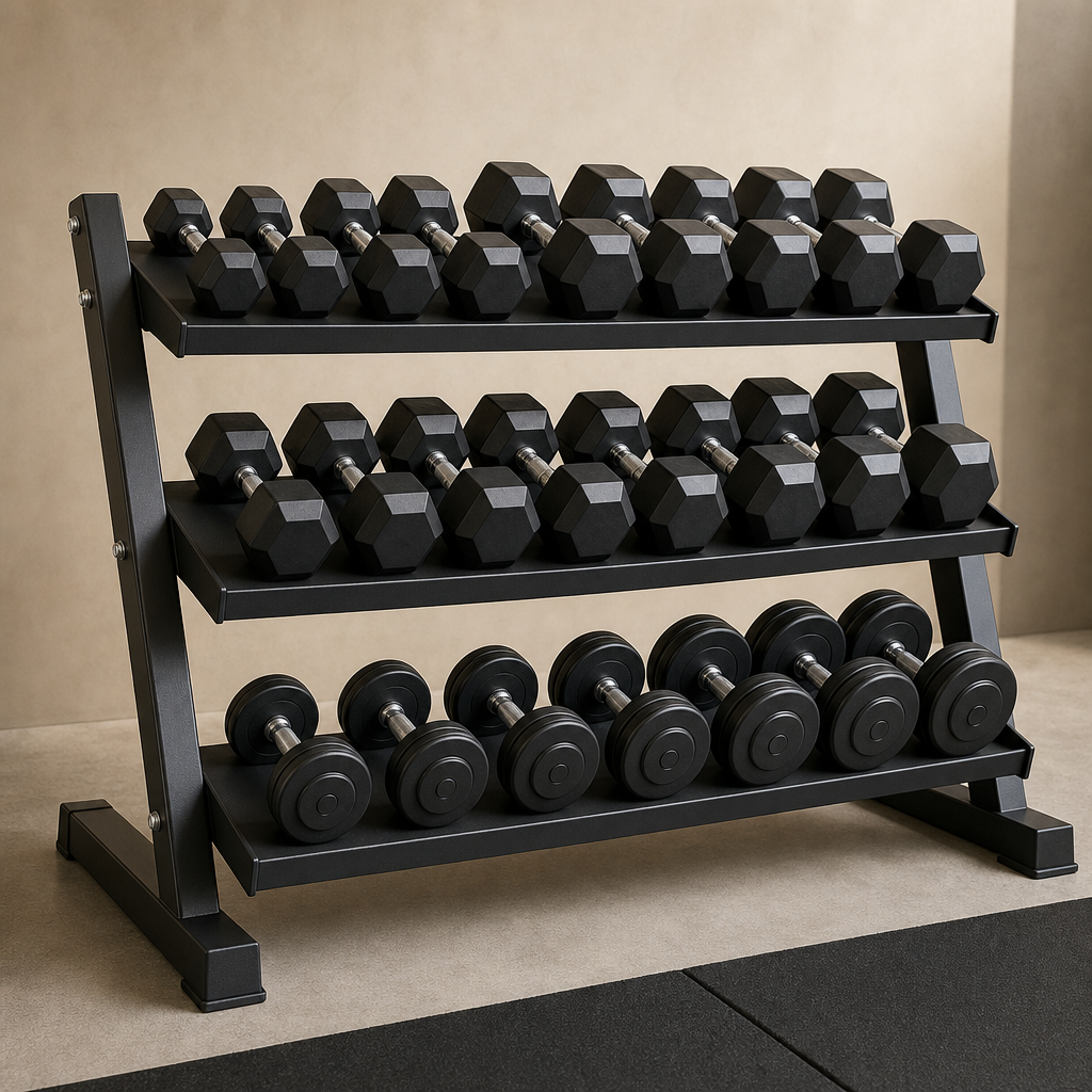 Heavy-duty steel dumbbell rack with three tiers
