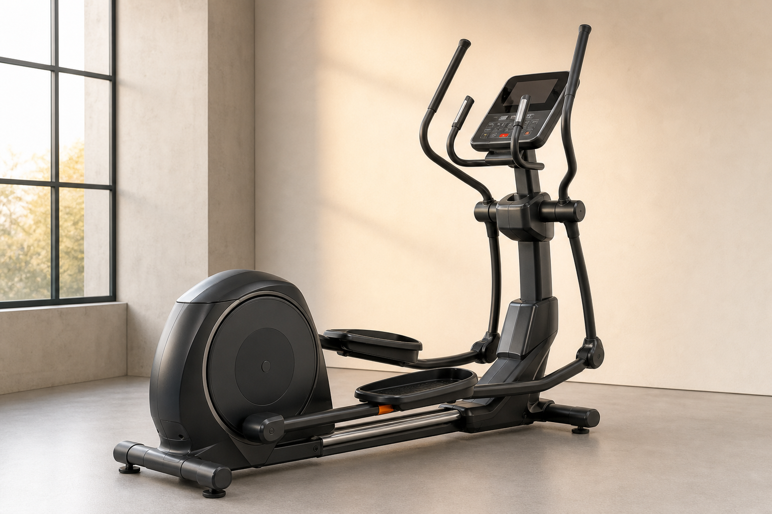 Elliptical trainer with long stride and dual-action handles