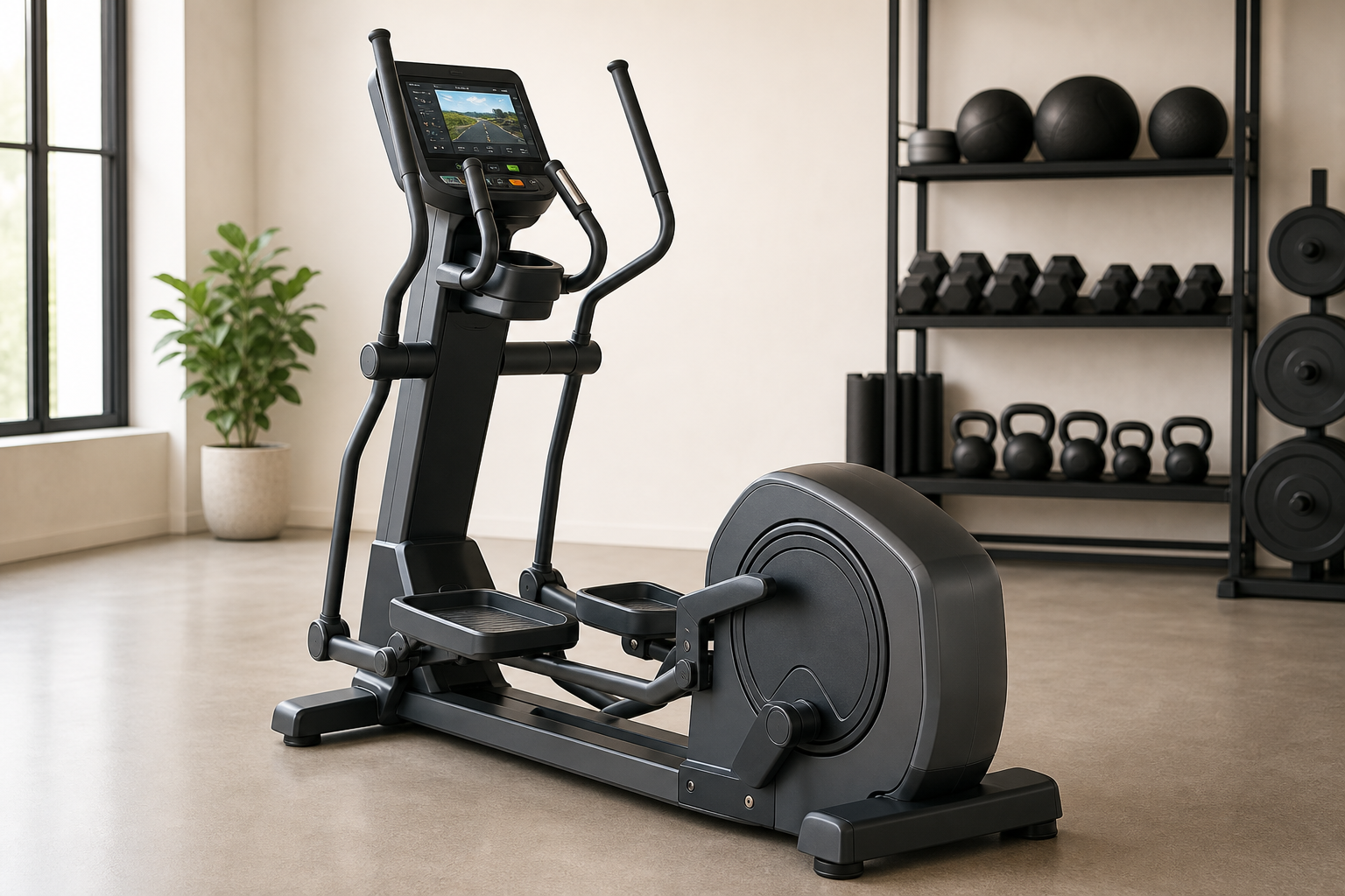 Modern commercial cardio machine with dark frame and console in a clean studio