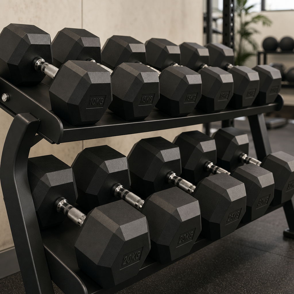 Stack of black rubber hex dumbbells on a metal rack
