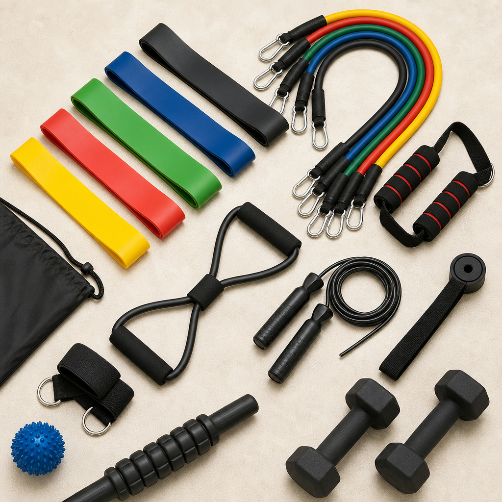 Set of colorful resistance bands and small training accessories neatly arranged