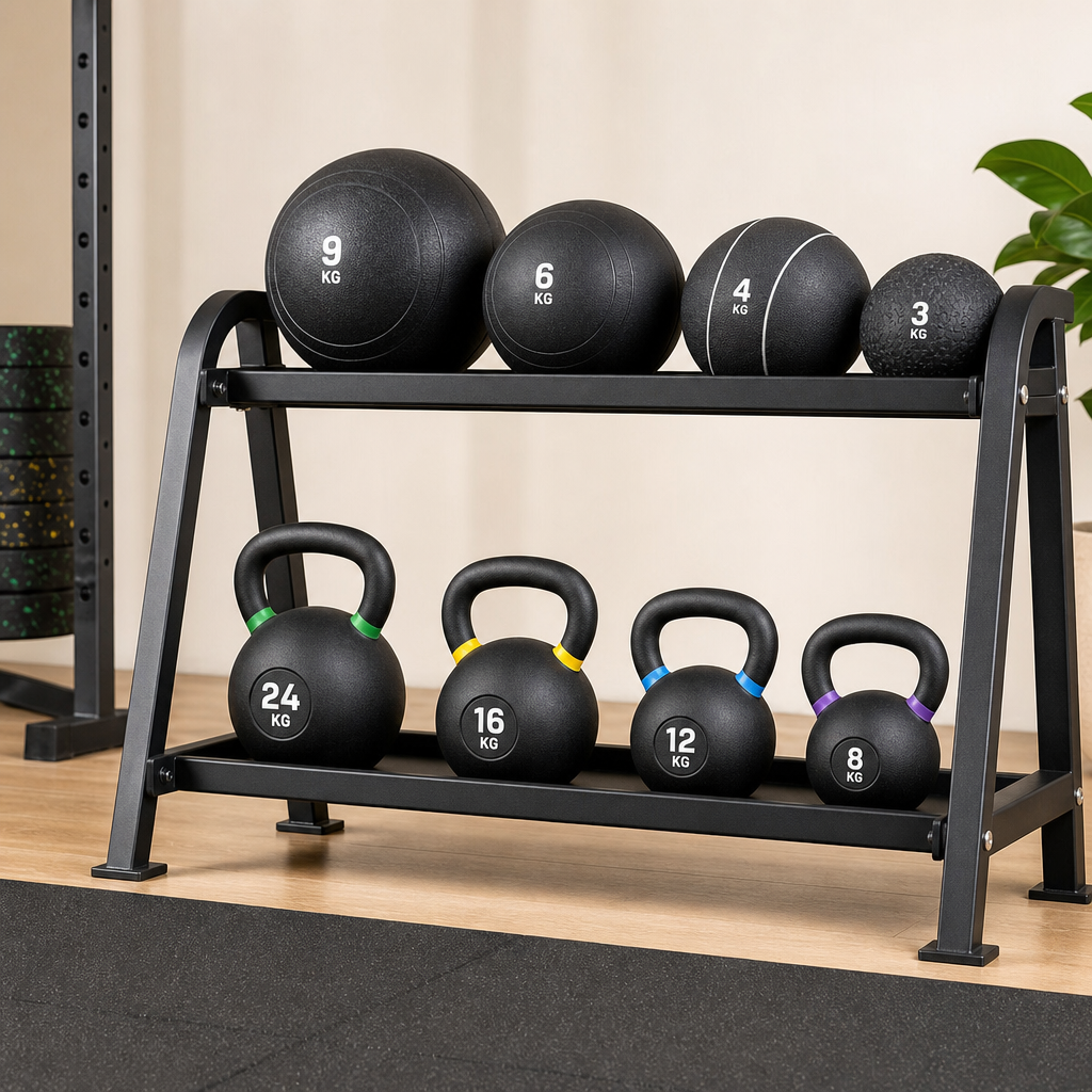 Compact storage rack holding kettlebells and medicine balls