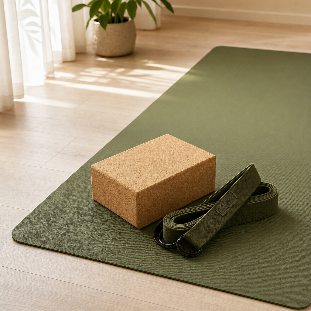 Olive green yoga mat with cork block and strap on light floor