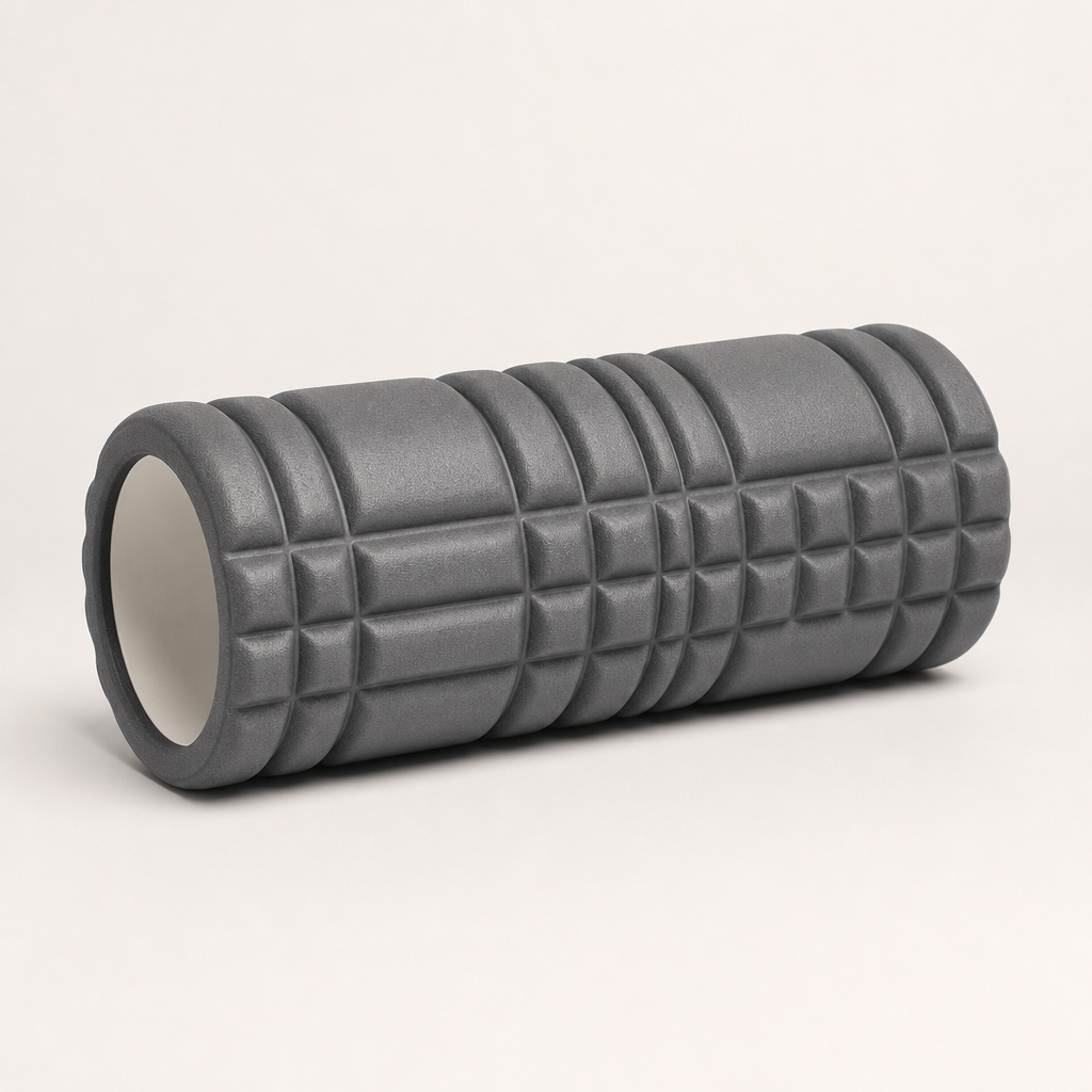 Short grey foam roller with ridged texture