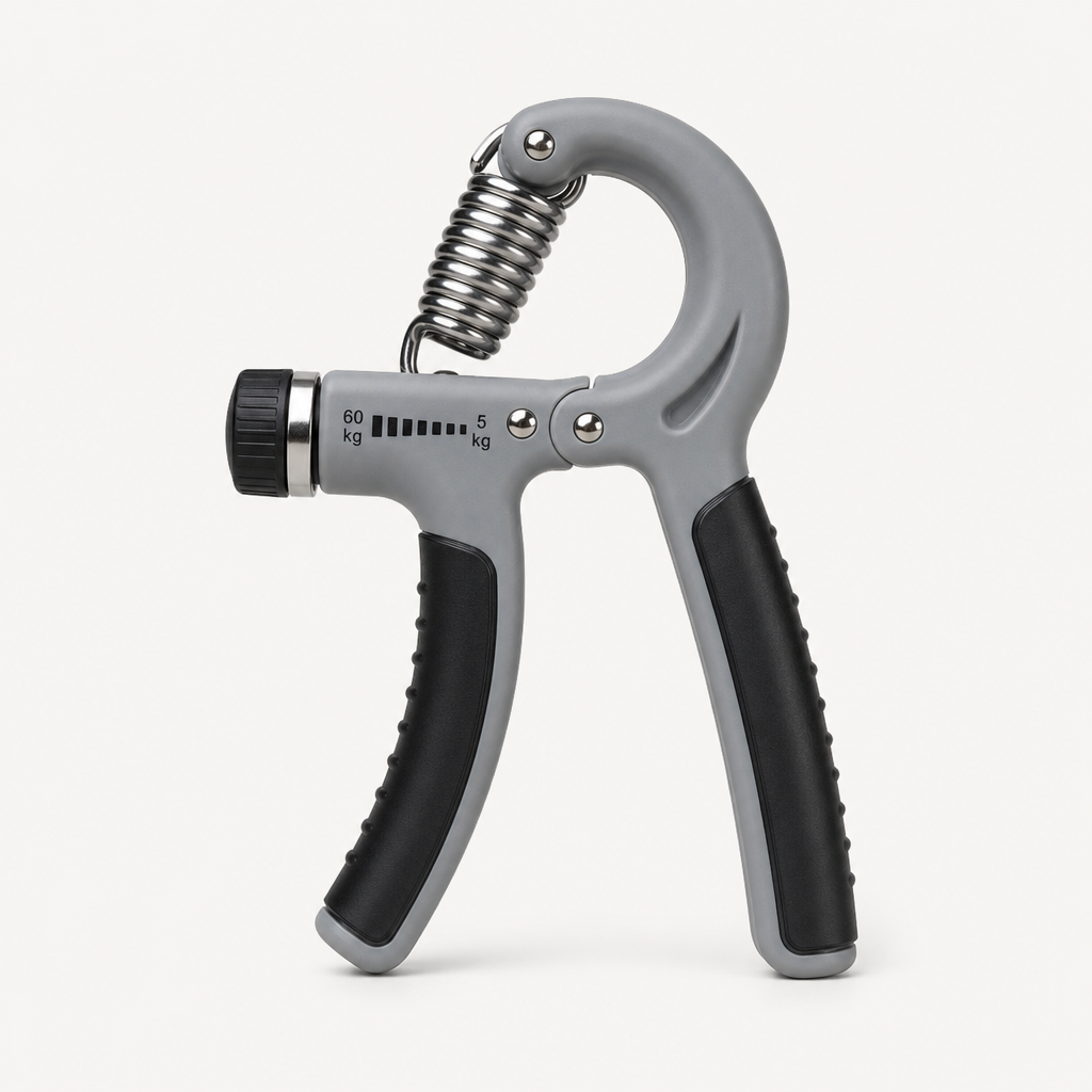 Adjustable hand grip trainer with grey body and numbered tension dial