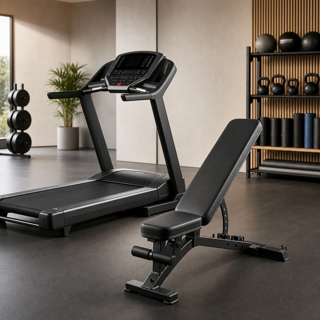 Commercial treadmill and adjustable bench in a clean gym setting