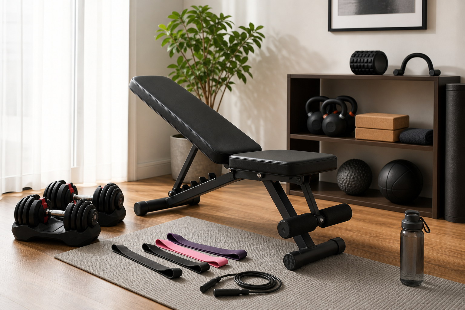 Modern home workout corner with compact bench, adjustable dumbbells, resistance bands, and a neutral mat on warm wood flooring