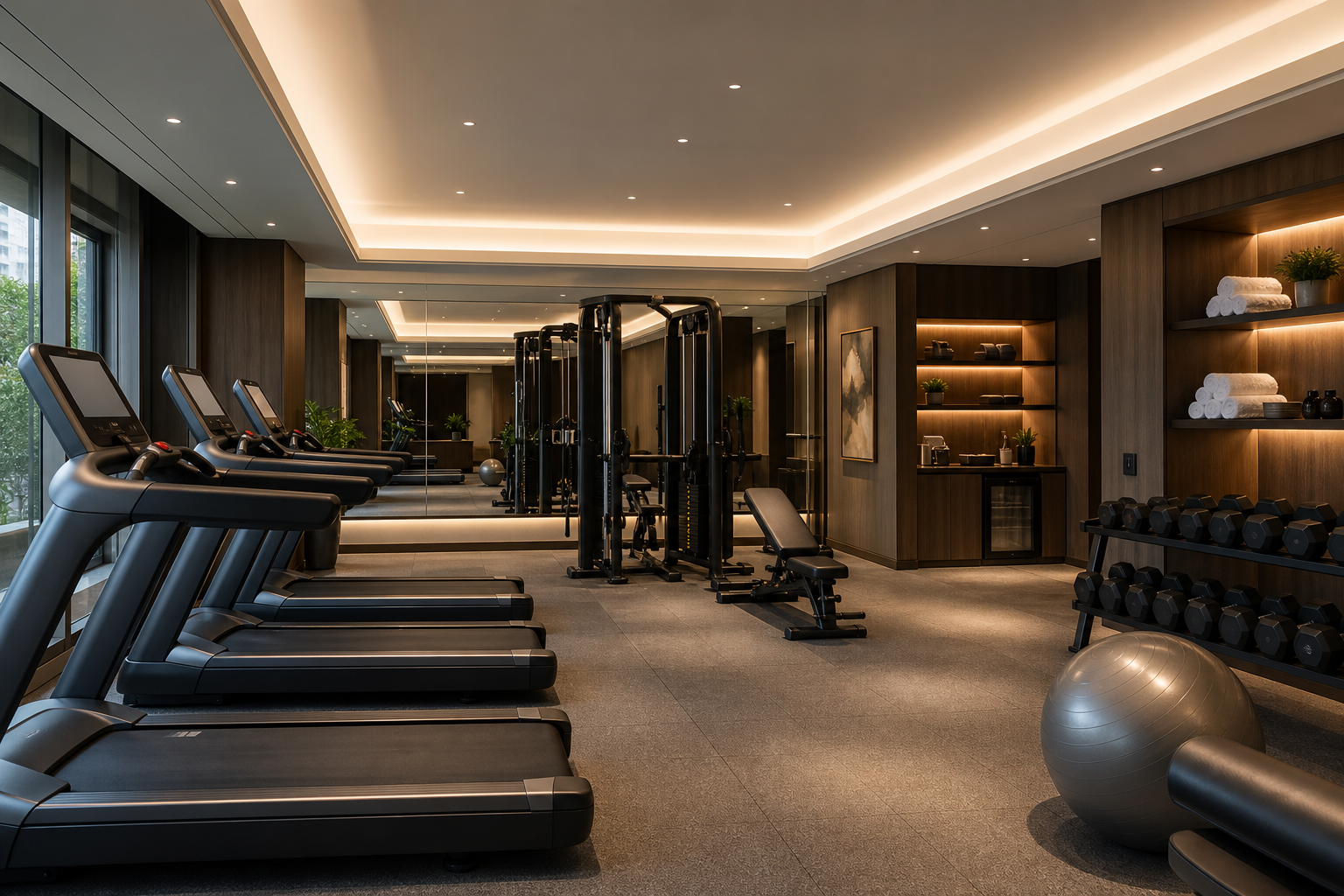 Hotel leisure fitness zone with treadmills, small strength area, and a polished hospitality interior