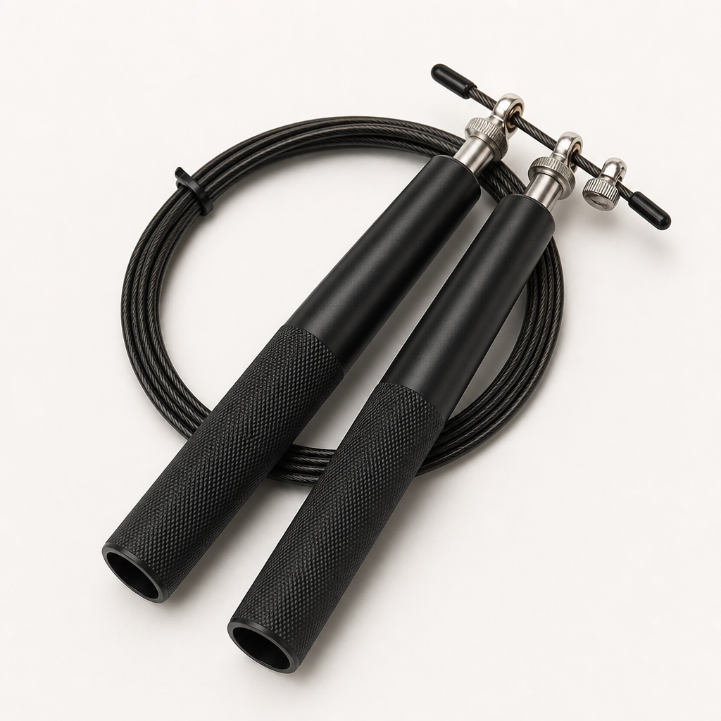 High-speed adjustable jump rope with slim black handles and steel cable
