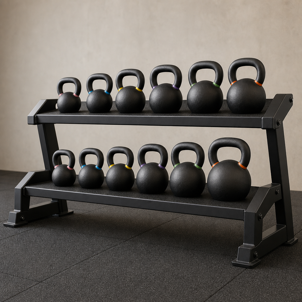 Low-profile kettlebell rack with rubber-lined shelves