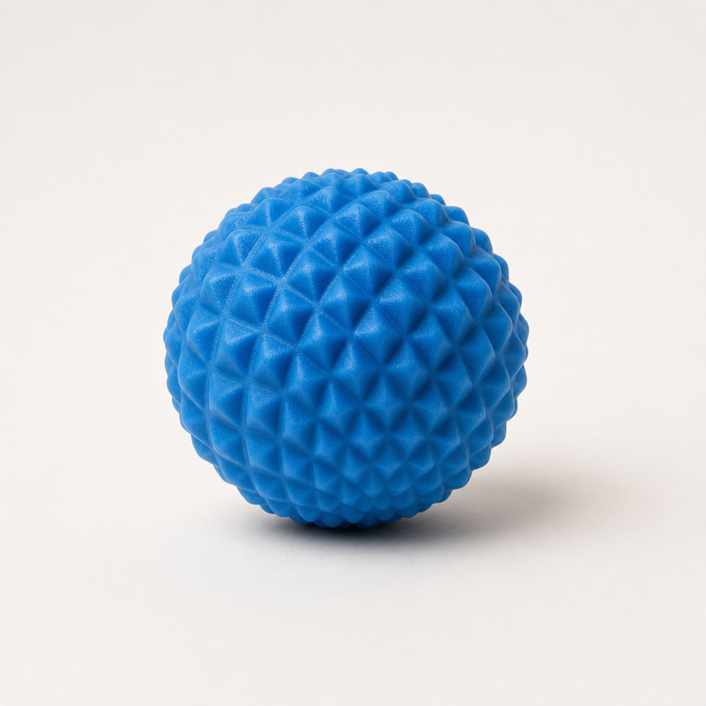 Compact blue massage ball with textured surface for recovery