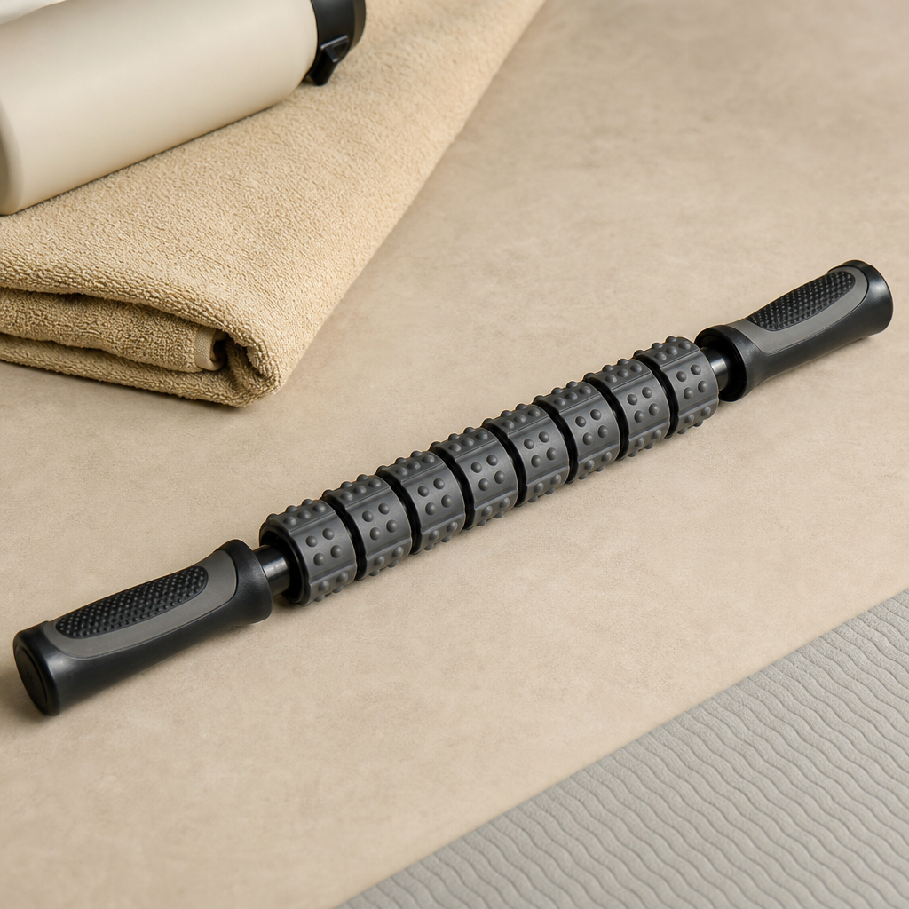 Textured massage roller stick with ergonomic handles