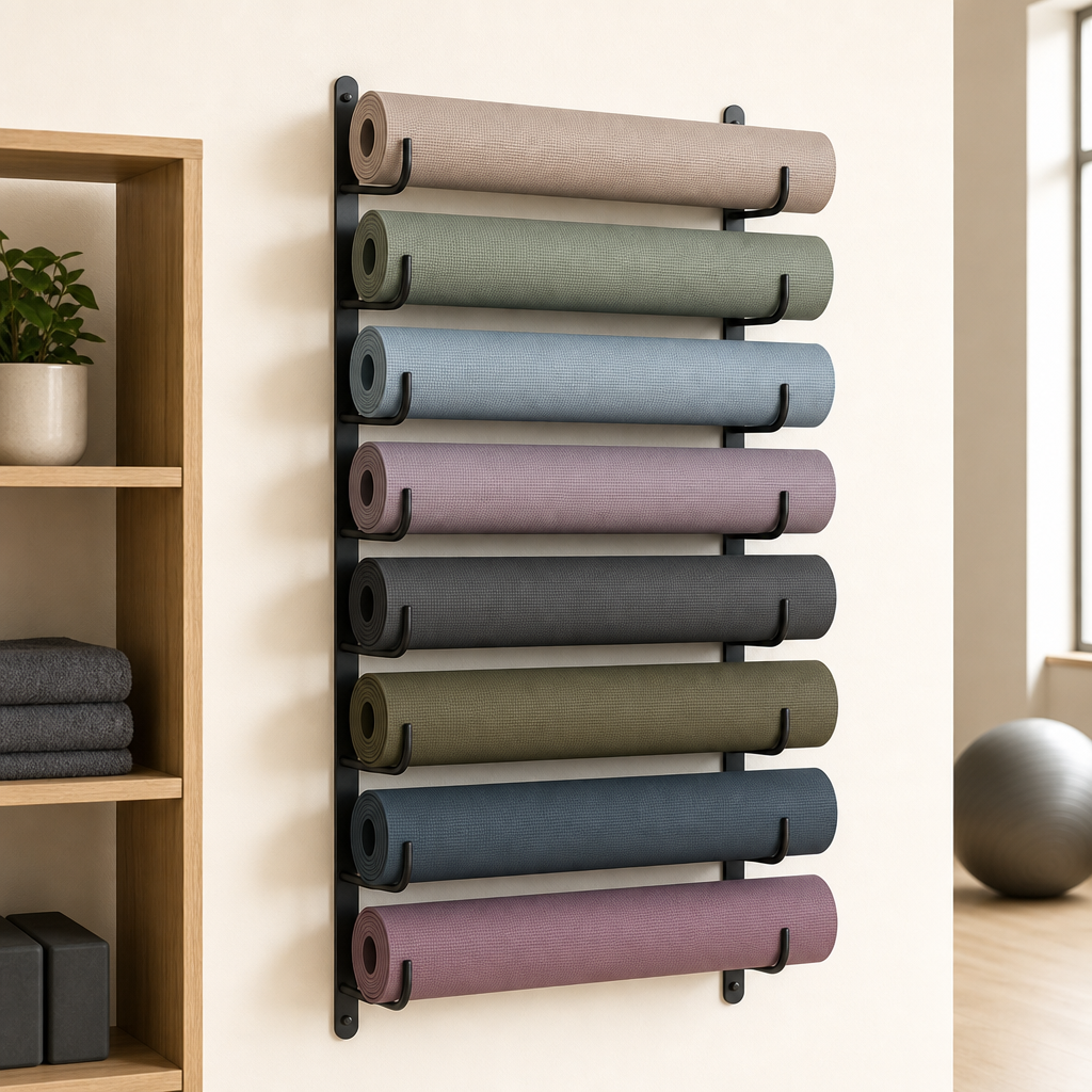 Wall-mounted yoga mat storage with eight hooks