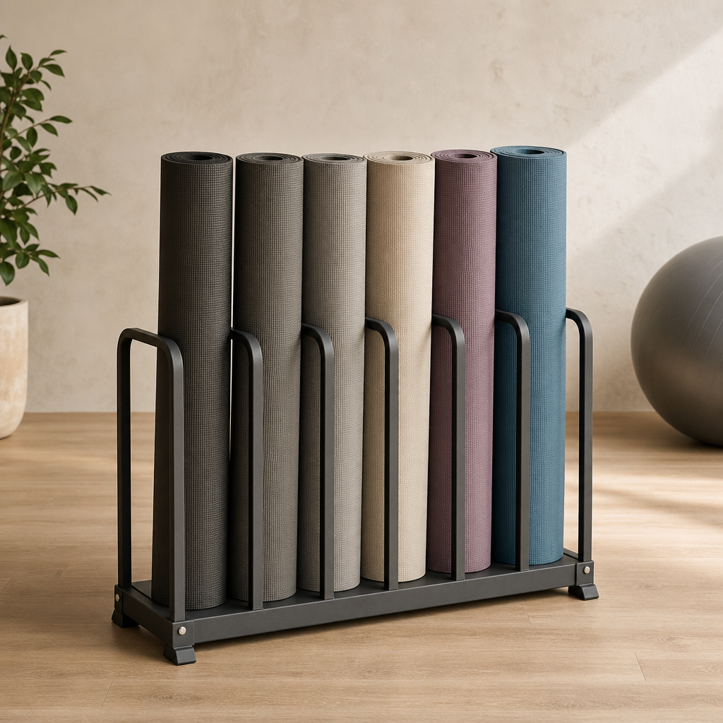 Compact steel studio mat rack with vertical slots for rolled mats