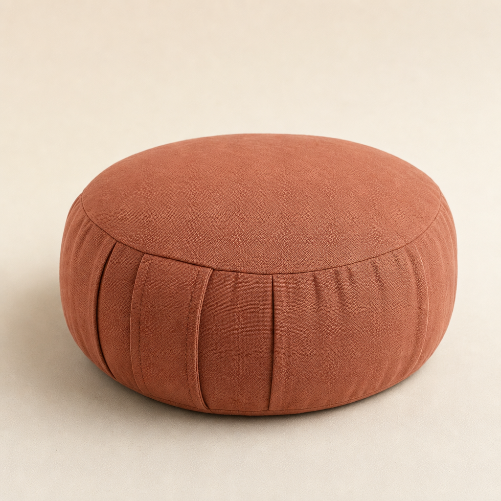 Round meditation cushion in muted terracotta with stitched seams