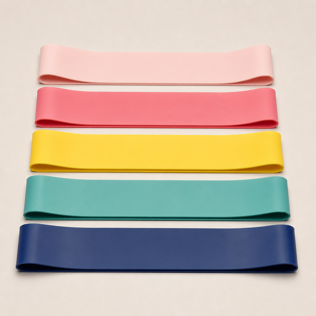 Set of five colored mini resistance bands stacked neatly