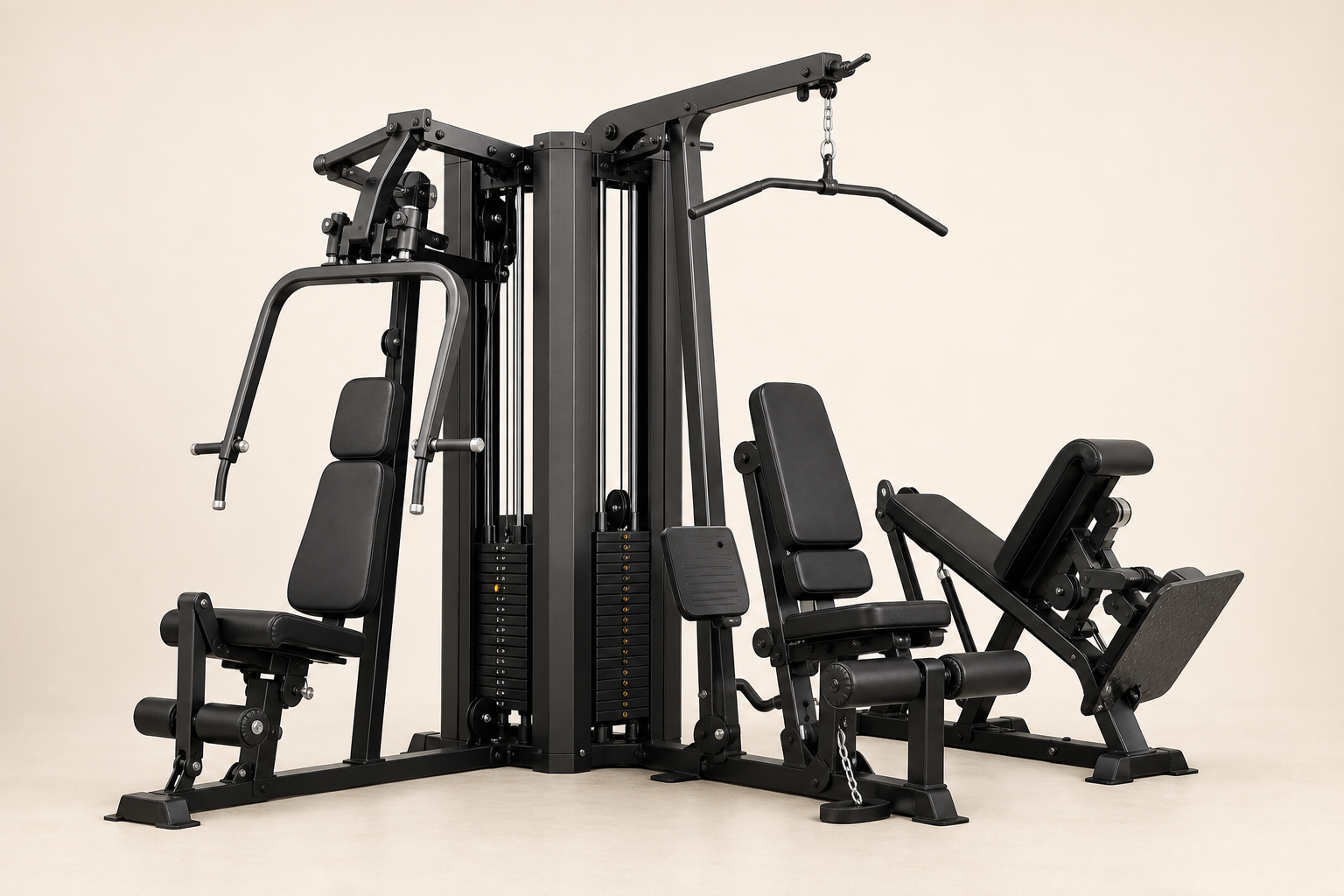 Multi-station gym machine with press, pull, and leg units