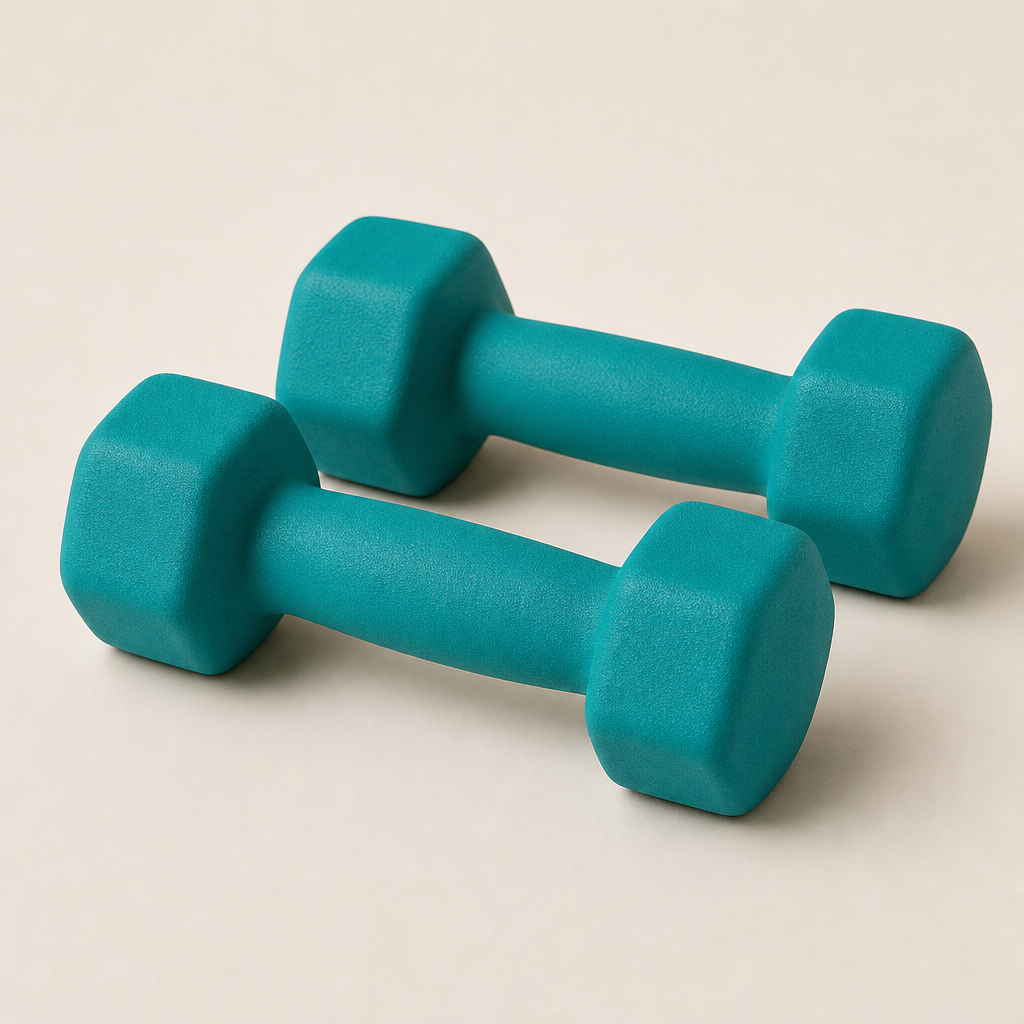Pair of teal neoprene hand weights with hex ends
