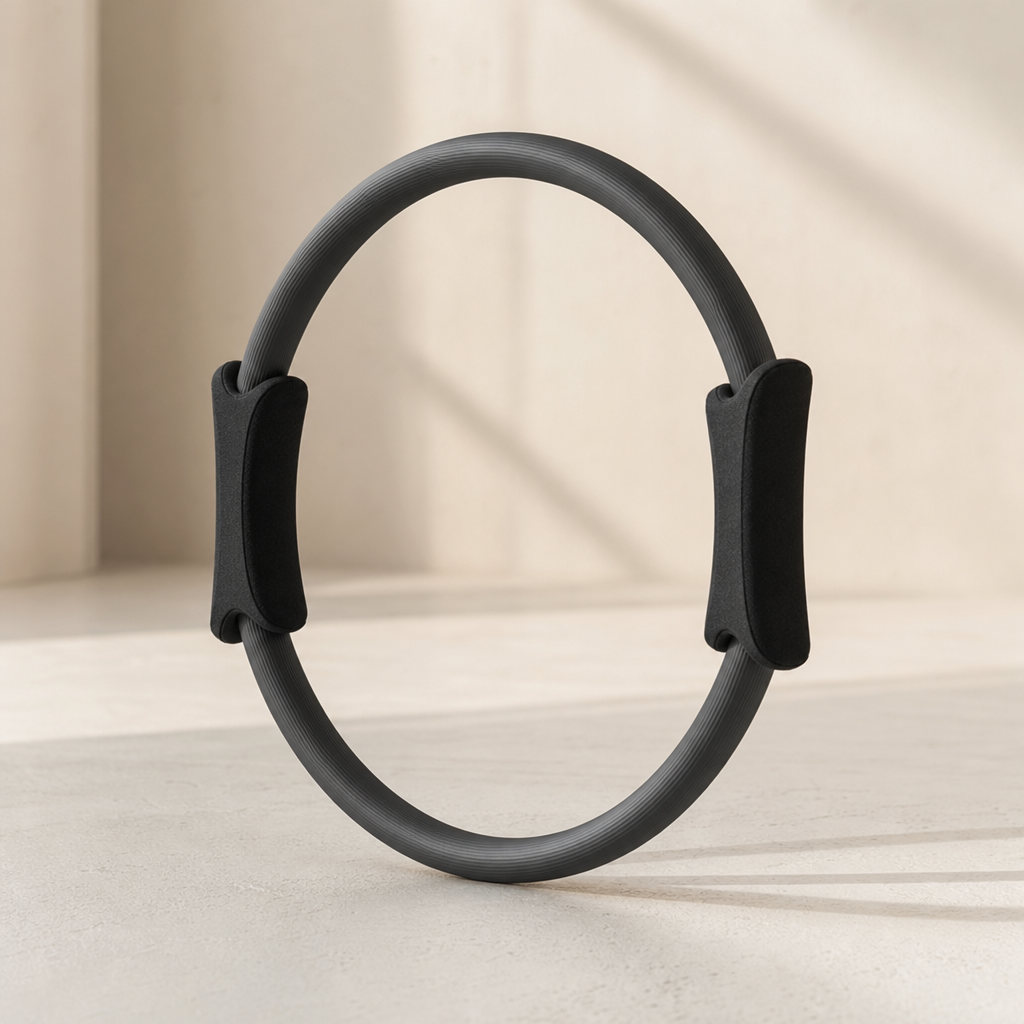 Dark graphite pilates ring with padded handles on both sides