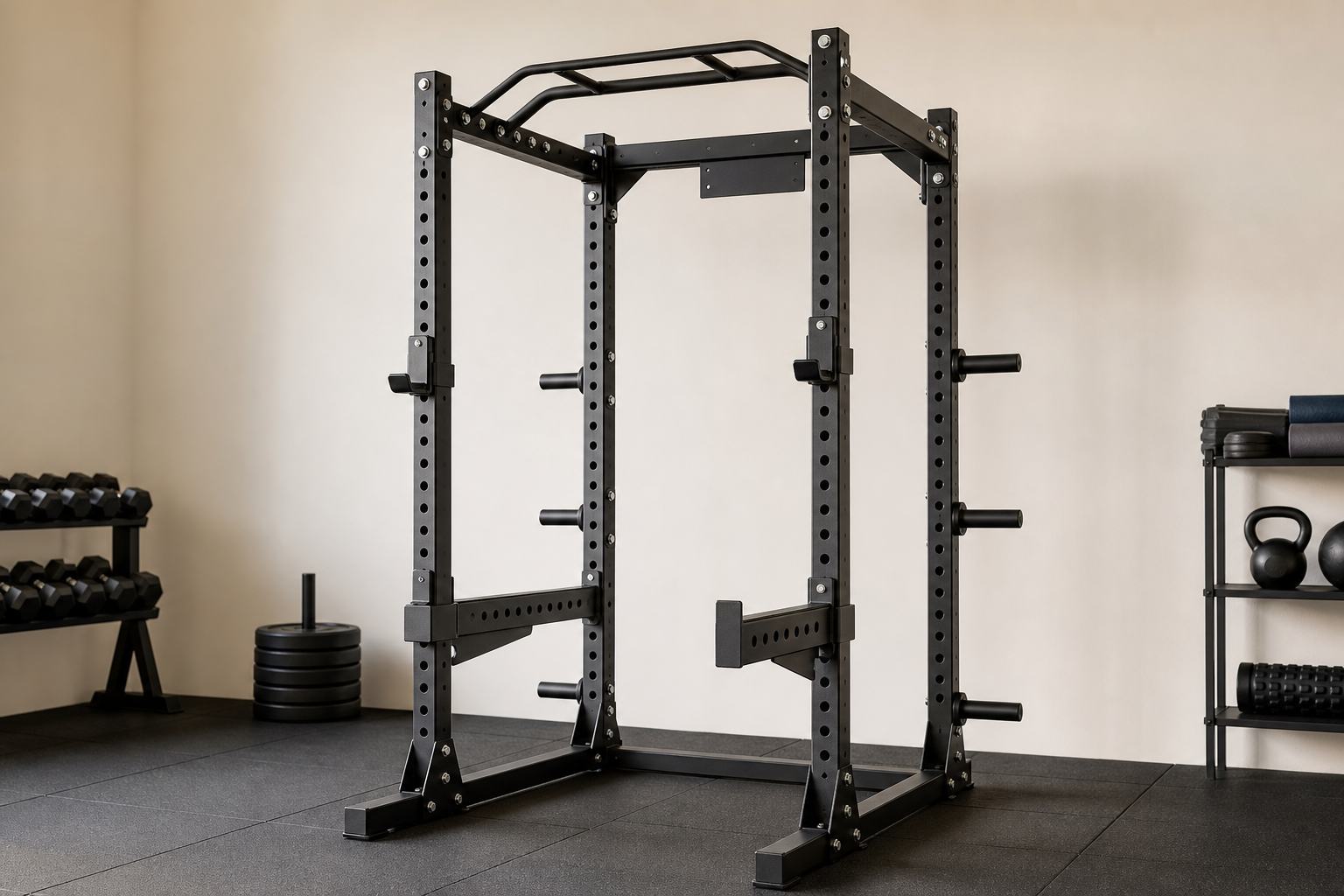 Heavy-duty power rack with safety bars and pull-up station