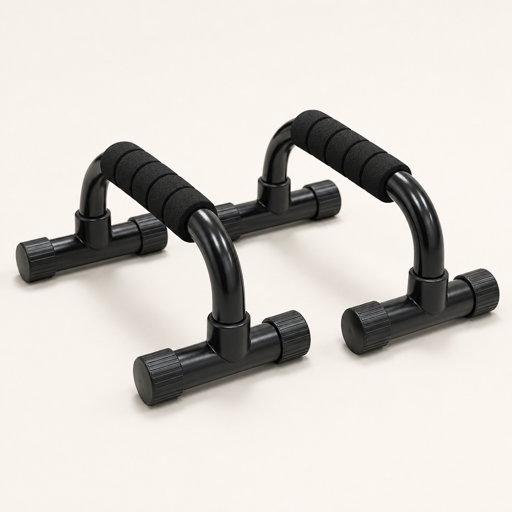 Pair of portable push-up bars with black grips and stable bases