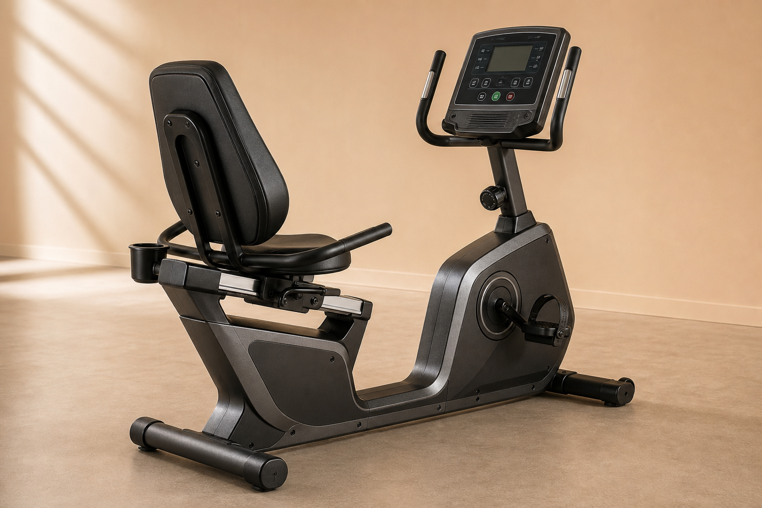 Recumbent bike with supportive backrest and step-through frame