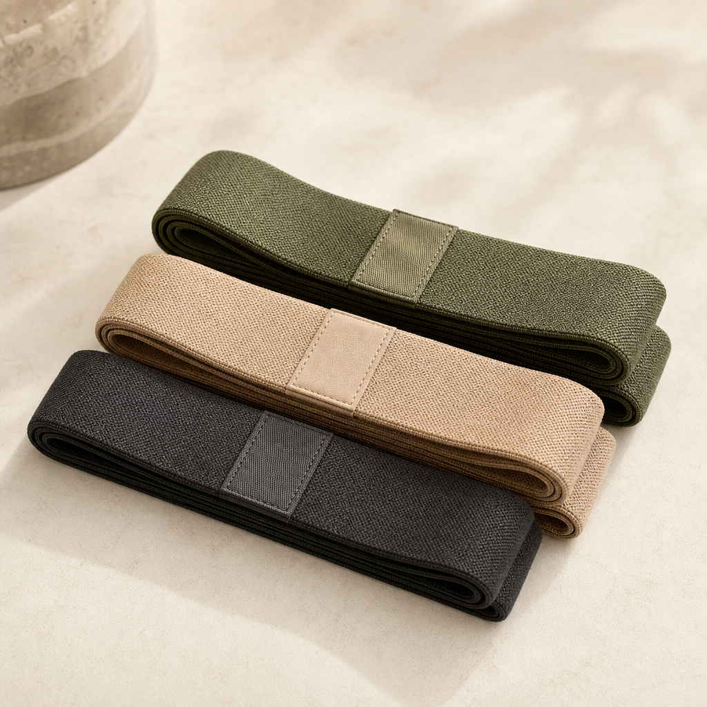 Set of three fabric resistance loops in olive, sand, and charcoal