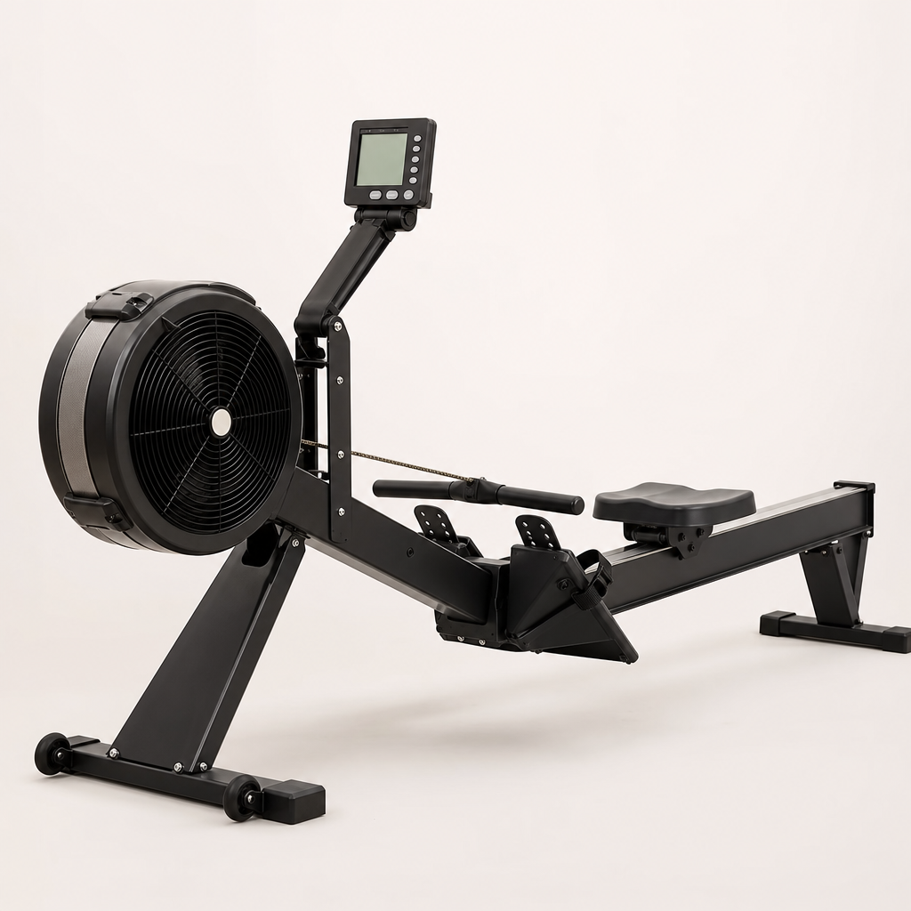 Air resistance rowing machine with metal frame