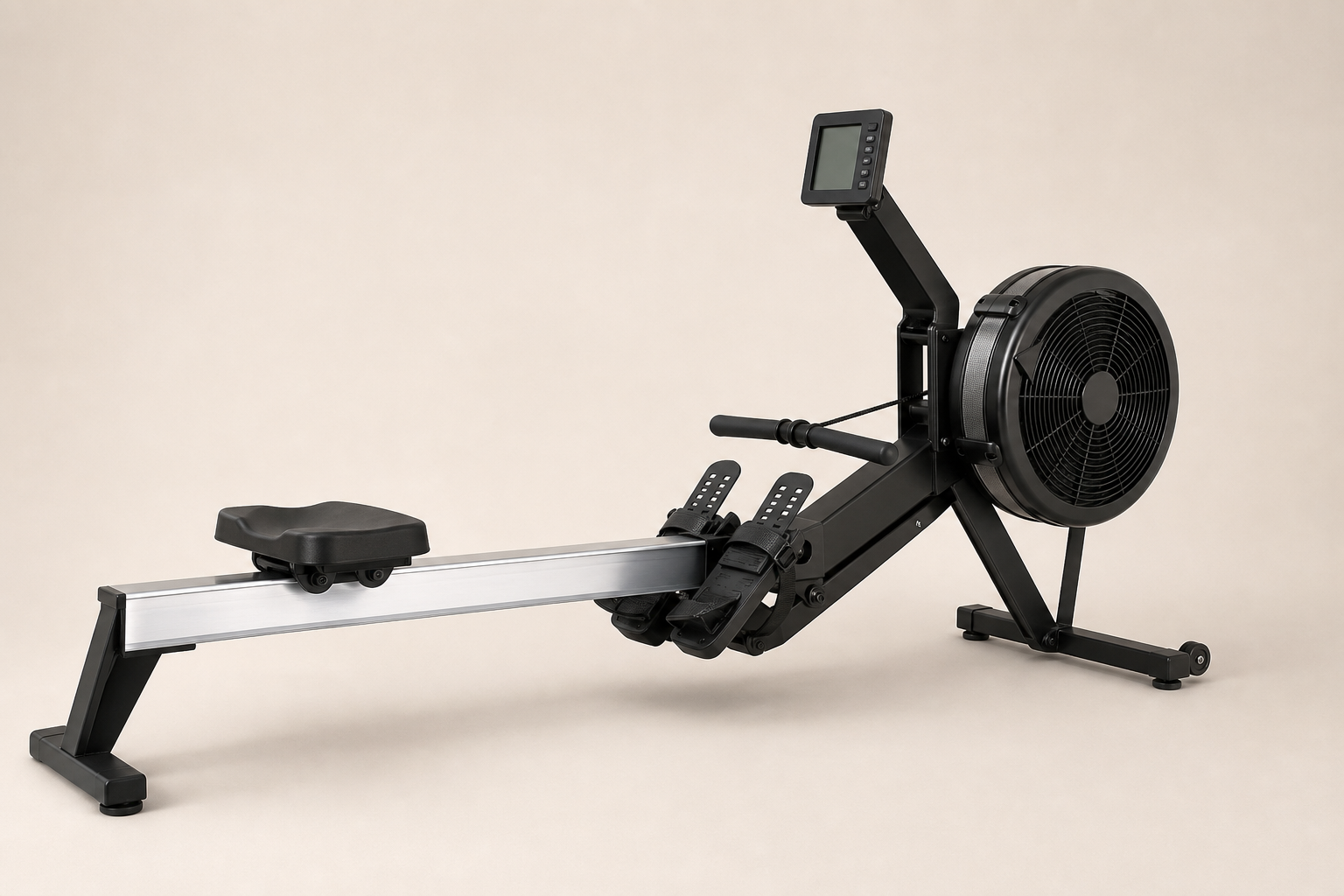 Air resistance rowing machine with long rail and monitor