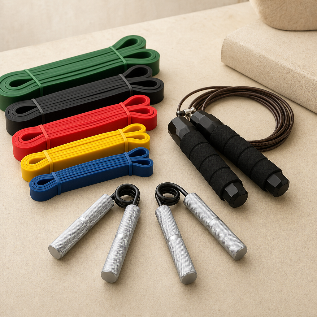 Compact resistance bands, jump rope, and hand grippers arranged on a tabletop