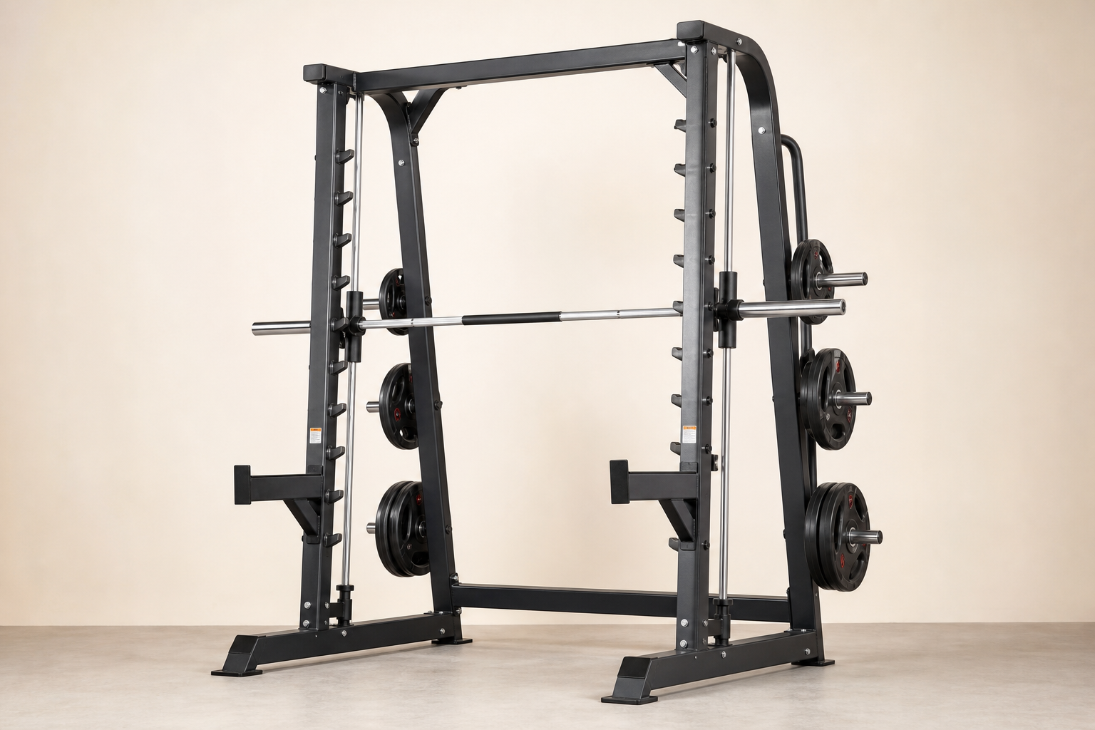 Smith machine with guided bar and integrated storage