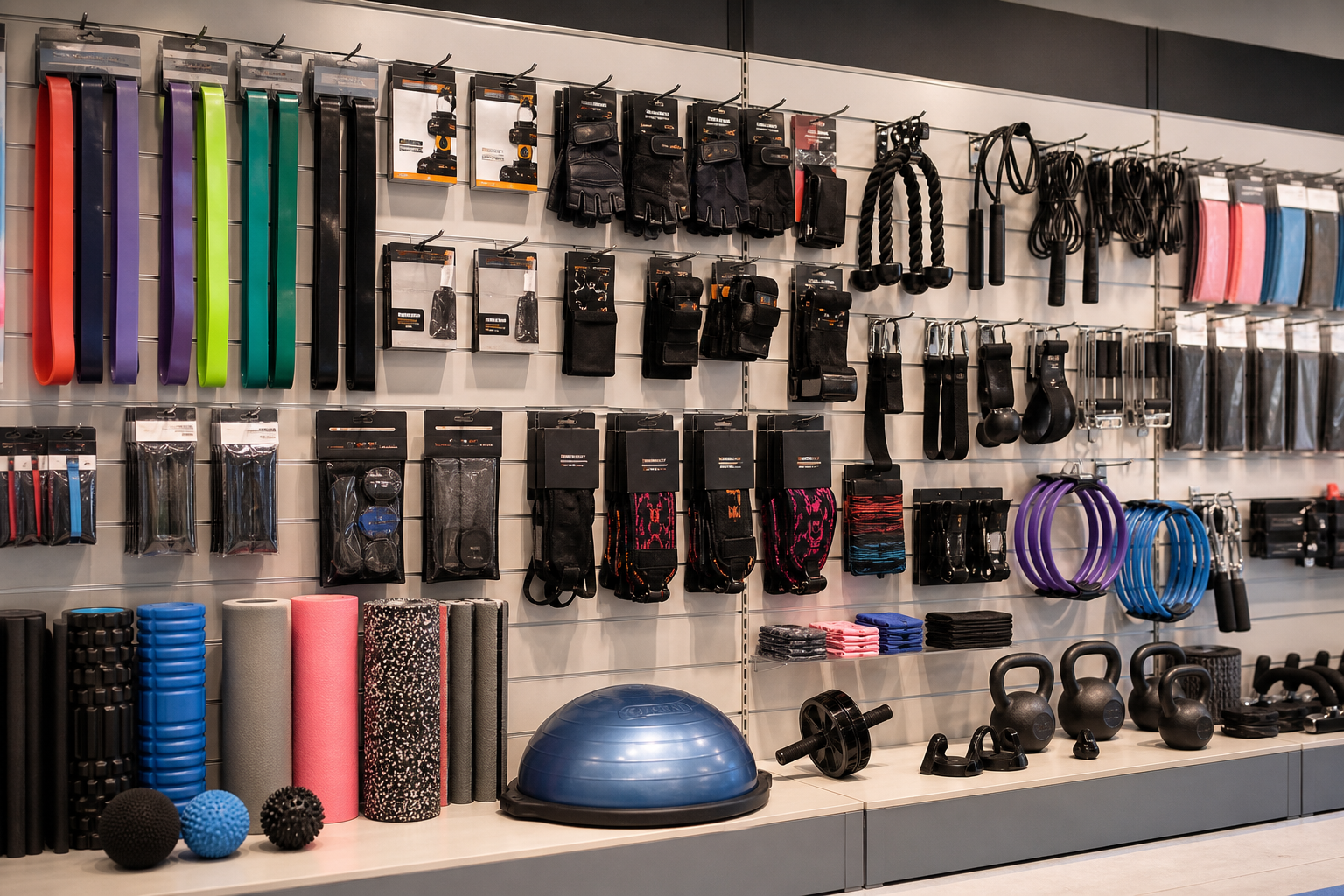 Sports retail wall display with fitness accessories, bands, gloves, and compact equipment arranged for merchandising