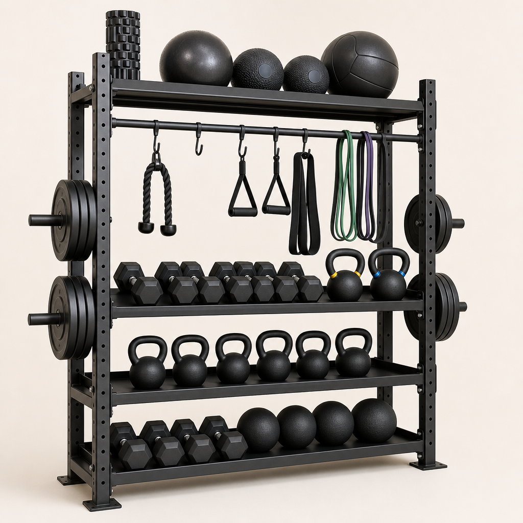 Multi-tier storage rack for dumbbells and mats