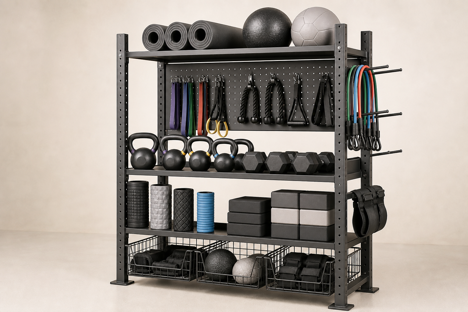 Metal storage rack with shelves for fitness accessories
